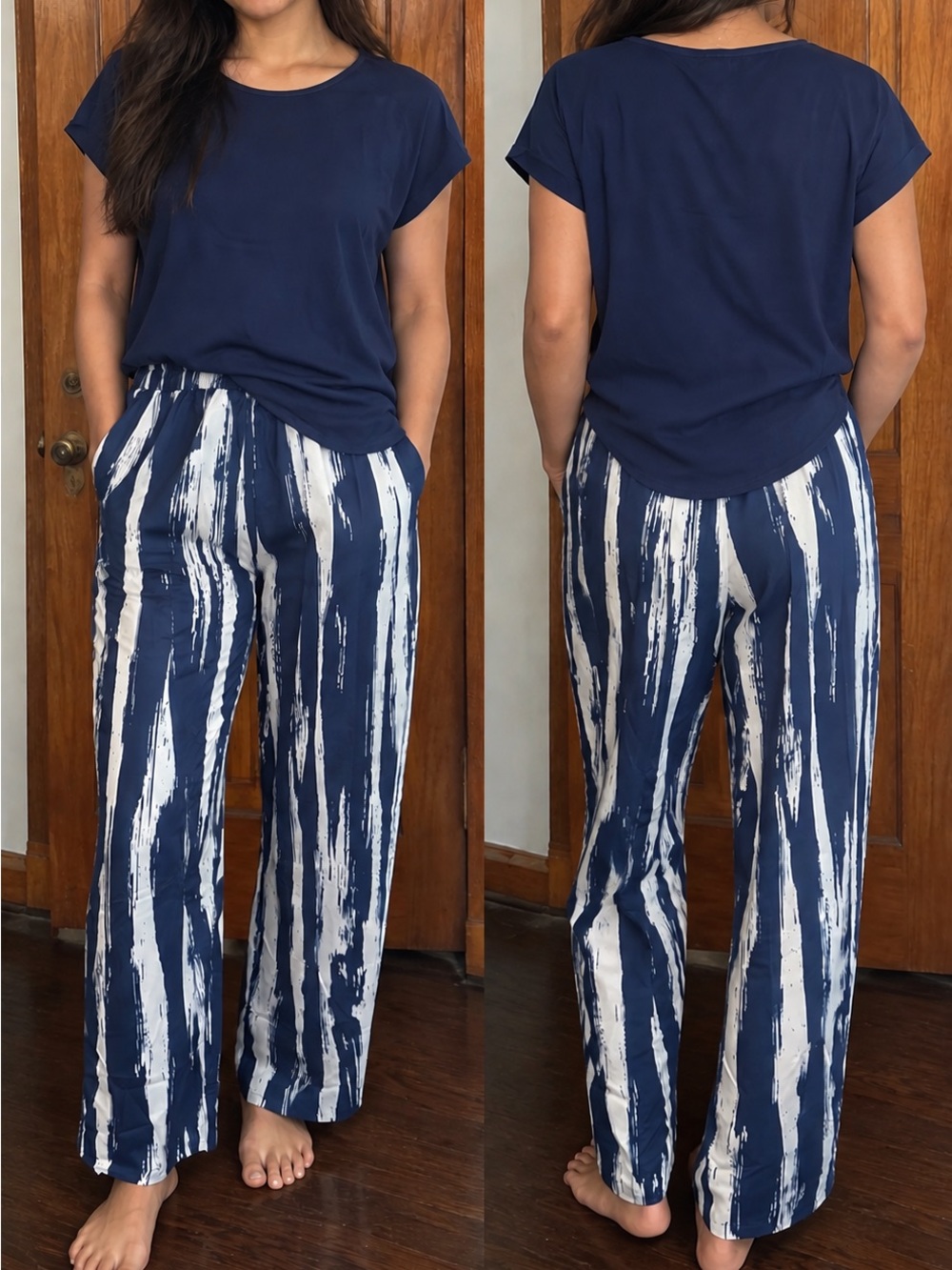 Navy Tee & Blue/White Brushstroke Print Wide-Leg Pants Set